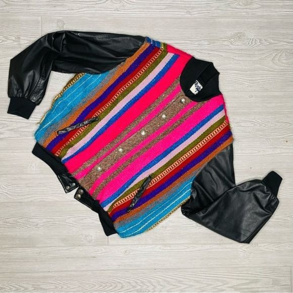 vintage Roper rodeo blue blanket /woven tapestry jacket coat leather like sleeve - Picture 3 of 10